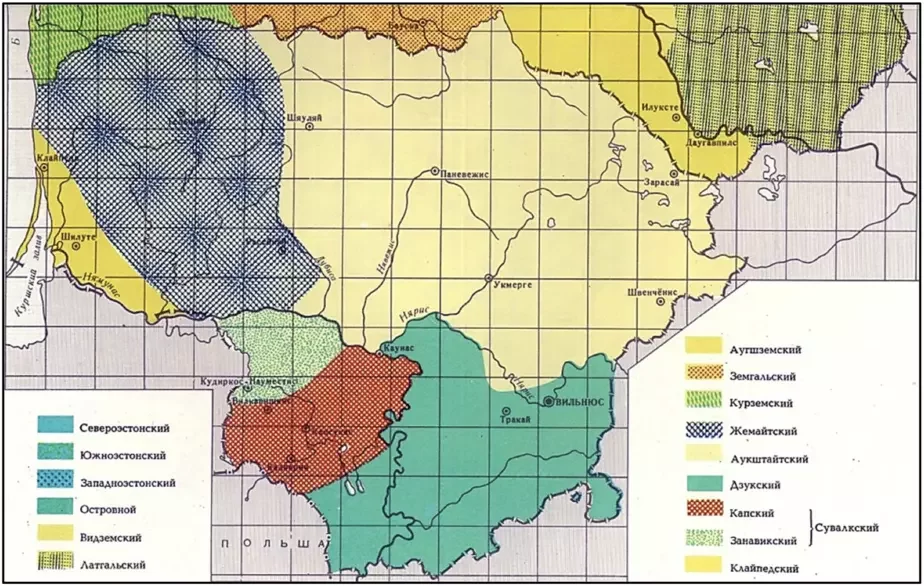 Historyka-kuĺturnyja rehijëny Litvy, vylučanyja na padstavie analizu komplieksaŭ tradycyĭnaha žanočaha adziennia. 1986 h.