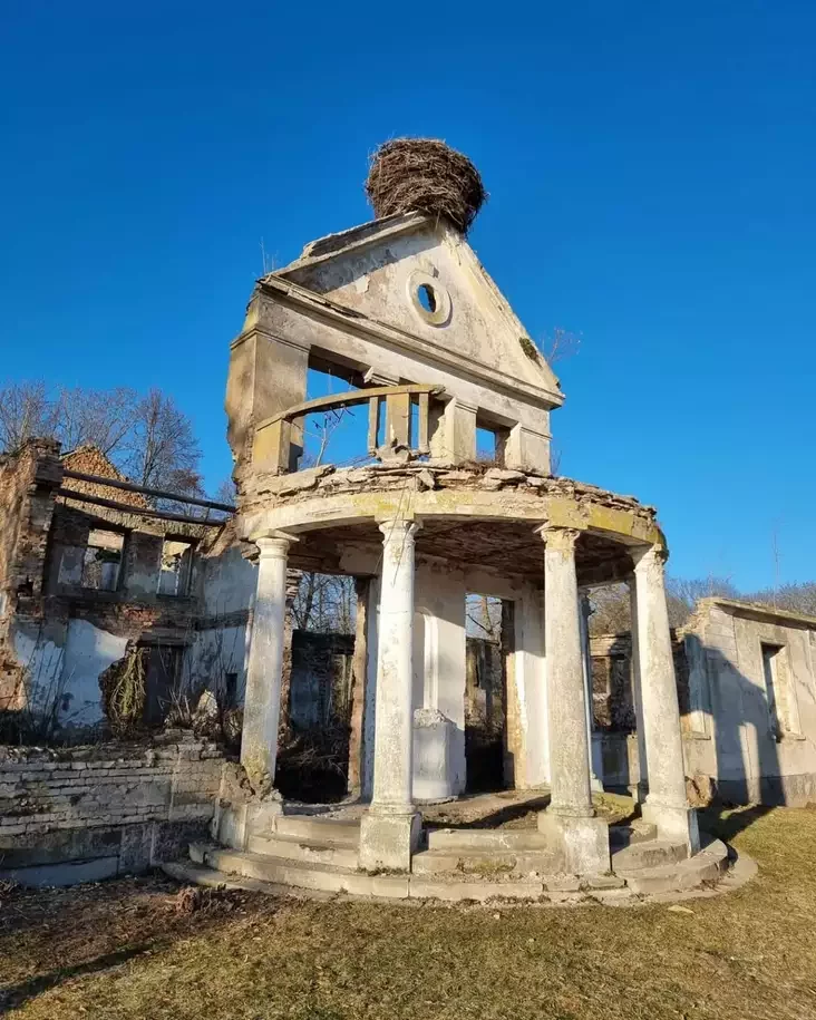 Parkavy fasad siadziby ŭ Dzikuškach da razburennia