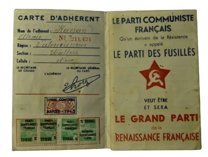Biliet Francuzskaj kamunistyčnaj partyi na imia bielarusa Aliaksandra Kačana