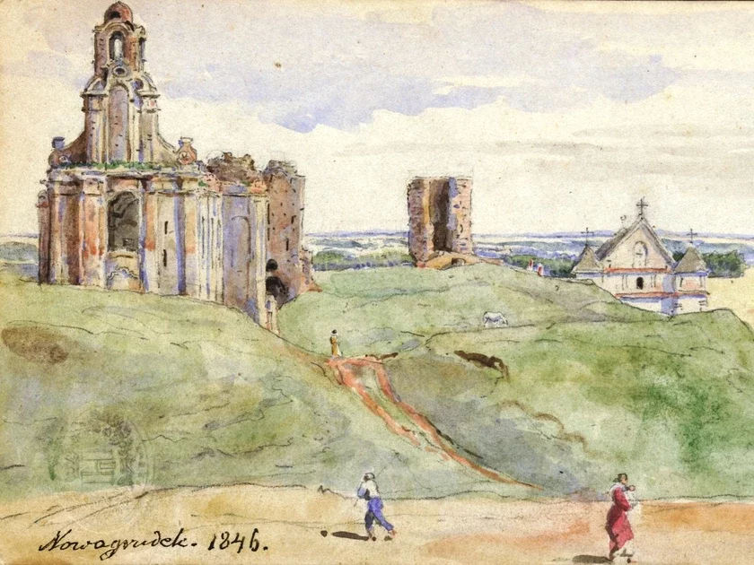 Baročny chram na miescy zamkavaj carkvy ŭ Navahrudku na maliunku Kanuta Rusieckaha. 1846