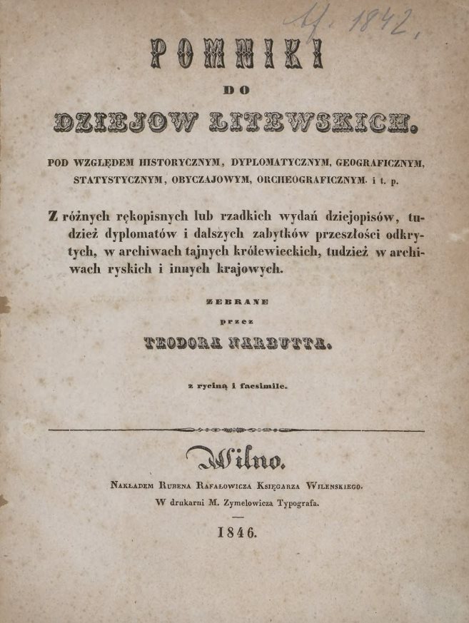 Vokładka knihi “Pomniki historyi Litvy”. Vilnia, 1846 hod. Krynica – wikimedia.org