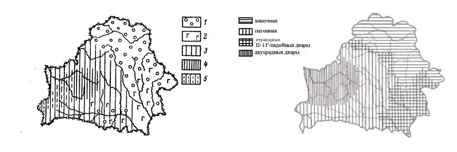 Typy dvarovaj zabudovy pavodlie V.S. Citova (1 — zamknuty dvor; 2 — H-padobny; 3 — adnaradny; 4 — dvuchradny; 5 — uskladnieny dvuchradny dvor) i pavodlie A.I. Lakotki. Supadzienniaŭ z rehijonami Citova nie prasočvajecca