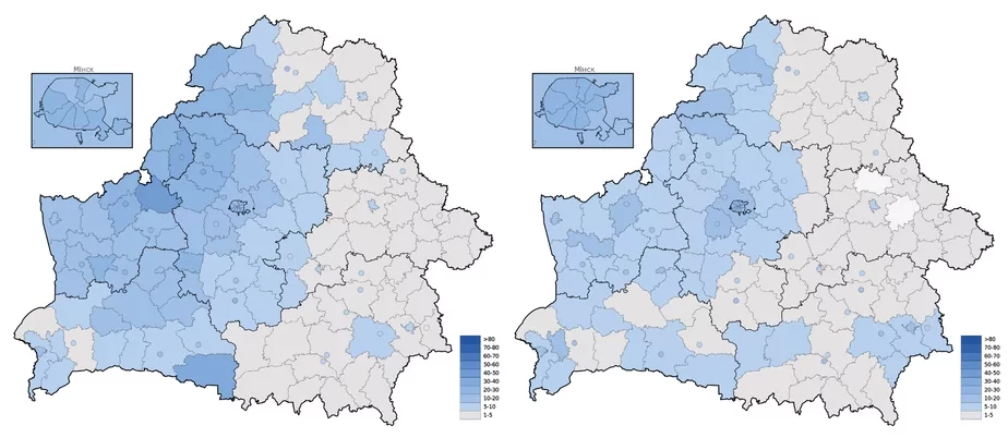 Prezidenckija vybary 1994 hoda ŭ Bielarusi. Halasy za Pazniaka i Šuškieviča pa rajonach. Bačna, što ichniaja eliektaraĺnaja baza vypadaje na paŭnočny zachad krainy. Fota: Wikimedia Commons