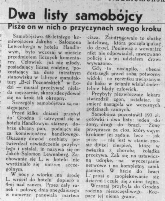 Pra dva listy samahubcy Jakuba-Salamona Lievienbierha. 1938 hod