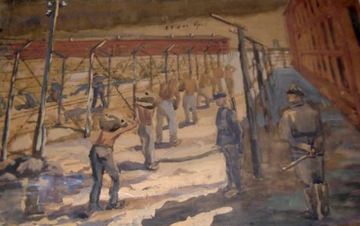 Фізічная праца пад наглядам ахоўнікаў у Бярозе, малюнак 1930-х.jpg