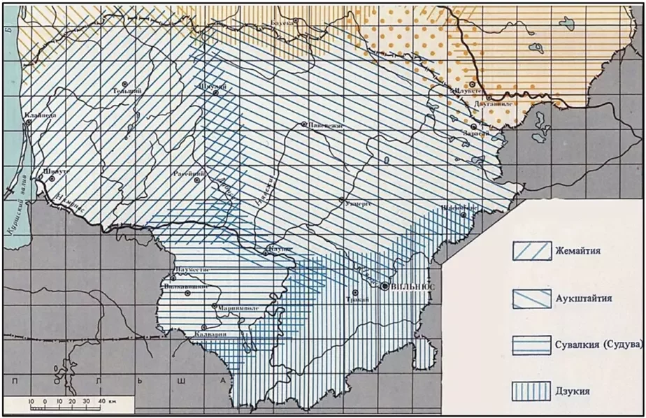 Karta-schiema etnahrafičnych rehijënaŭ Litvy, skladzienaja A. Tamašaĭcisam. 1939 h.