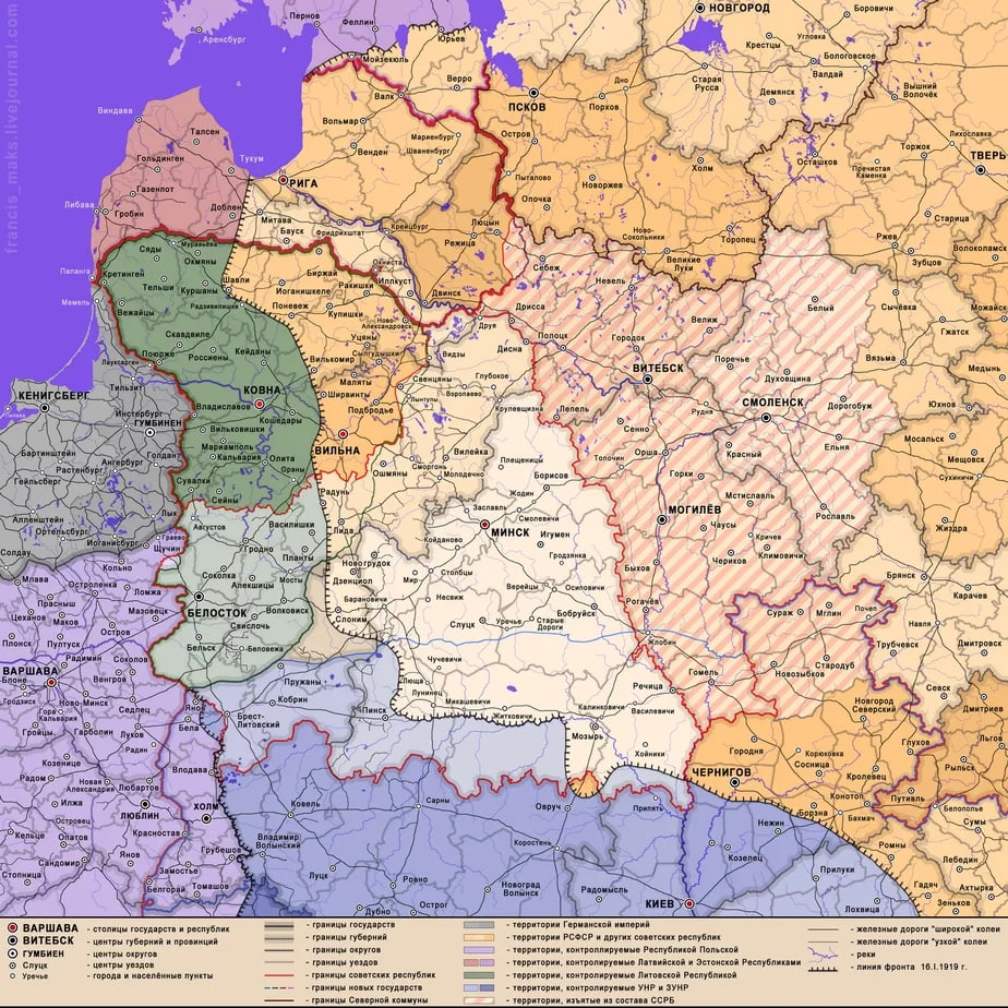 Тэрыторыя ССРБ у 1919 годзе пасля адабрання Масквой трох беларускіх губерняў 
