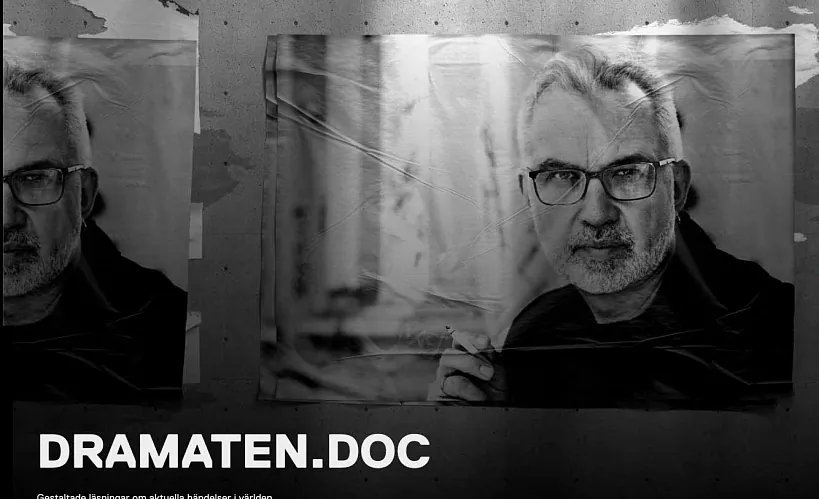 У Каралеўскім драматычным тэатры Стакгольма пройдуць перфарматыўныя чыткі паводле кнігі Альгерда Бахарэвіча «Плошча Перамогі» Афіша з партрэтам Альгерда Бахарэвіча