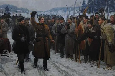 П. Сергіевіч «К. Каліноўскі і В. Урублеўскі на аглядзе паўстанцаў» (1959)