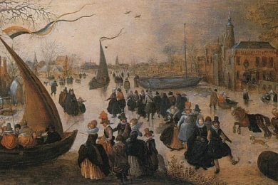 Дэвід Вінкбунс. Зімовы пейзаж з двума суднамі з ветразем на лёдзе каля замка. Каля 1615 года