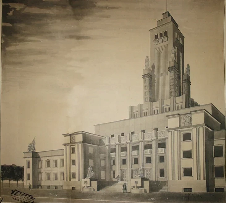 Eskiz prajekta Doma radyjo ŭ Minsku. 1936 h. Eskiz prajekta Doma radyjo ŭ Minsku. 1936 h.
