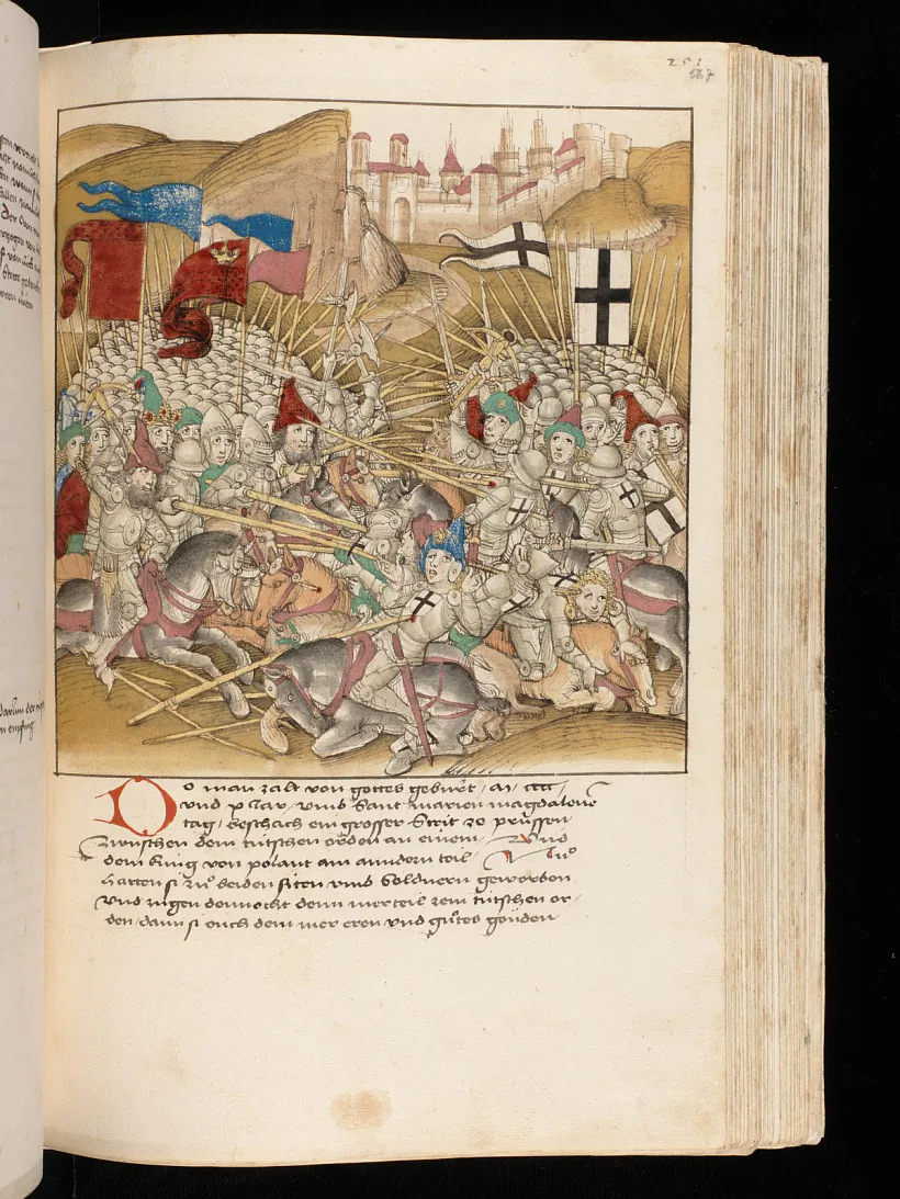 ibieĺ vialikaha mahistra Teŭtonskaha ordena ŭ Hrunvaĺdskaj bitvie. Micijaciura z «Špickaj chroniki» Dybaĺda Šylinha-starejšaha. 1480-ja hady