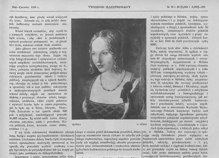 Žanočy partret pracy Albrechta Dziurera ŭ numary časopisa «Tygodnik Ilustrowany» za 1918 hod