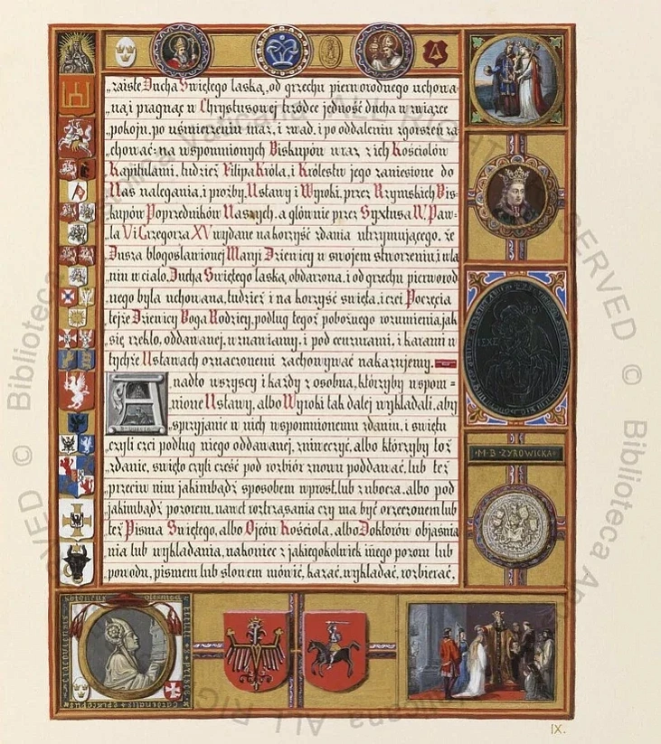 Arkuš poĺskamoŭnaj viersii z vyjavami hierbaŭ Vialikaha Kniastva Litoŭskaha i abrazom Maci Božaj Žyrovickaj