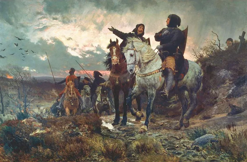 «Змоўшчыкі едуць з Фіндэрупа пасьля забойства караля Эрыка V, нашчадка Сафіі Менскай, у 1286 годзе». Мастак: Ота Бахе