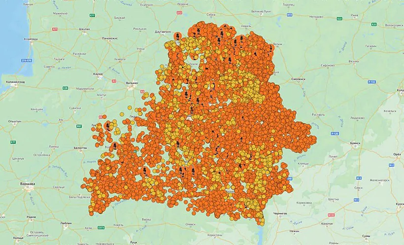 Mapa spalienych viosak u Bielarusi