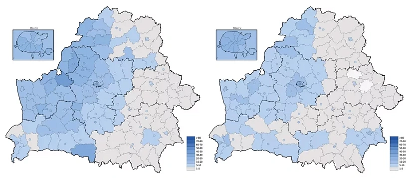 Prezidenckija vybary 1994 hoda ŭ Bielarusi. Halasy za Pazniaka i Šuškieviča pa rajonach. Bačna, što ichniaja eliektaraĺnaja baza vypadaje na paŭnočny zachad krainy. Fota: Wikimedia Commons