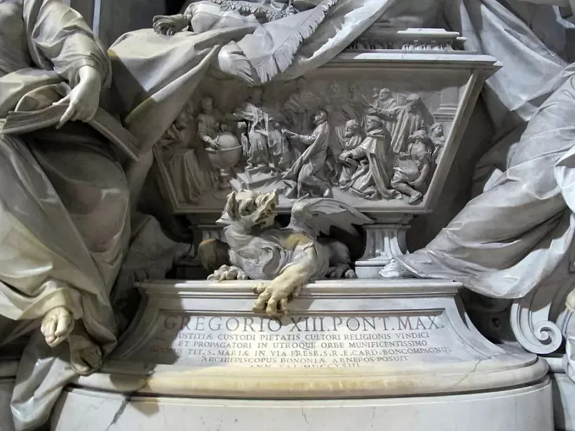 Scena ŭviadziennia novaha kaliendara na mahilie Papy Hryhoryja XIII u sabory Sviatoha Piatra ŭ Rymie Scena ŭviadziennia novaha kaliendara na mahilie Papy Hryhoryja XIII u sabory Sviatoha Piatra ŭ Rymie