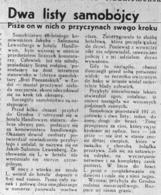Pra dva listy samahubcy Jakuba-Salamona Lievienbierha. 1938 hod Pra dva listy samahubcy Jakuba-Salamona Lievienbierha. 1938 hod