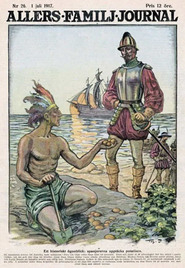 Iliustracyja vokladki šviedskaha časopisa «Allers familj journal» 1917 hoda z vyjavaj indziejca, jaki pieradaje klubień ispanskamu kankistadoru Iliustracyja vokladki šviedskaha časopisa «Allers familj journal» 1917 hoda z vyjavaj indziejca, jaki pieradaje klubień ispanskamu kankistadoru