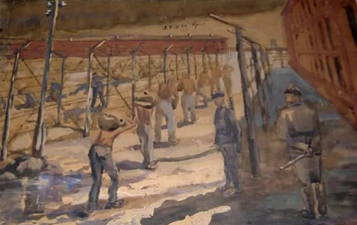 Фізічная праца пад наглядам ахоўнікаў у Бярозе, малюнак 1930-х.jpg Фізічная праца пад наглядам ахоўнікаў у Бярозе, малюнак 1930-х.jpg