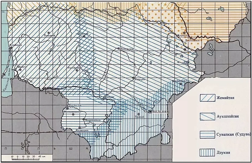 Karta-schiema etnahrafičnych rehijënaŭ Litvy, skladzienaja A. Tamašaĭcisam. 1939 h. Karta-schiema etnahrafičnych rehijënaŭ Litvy, skladzienaja A. Tamašaĭcisam. 1939 h.