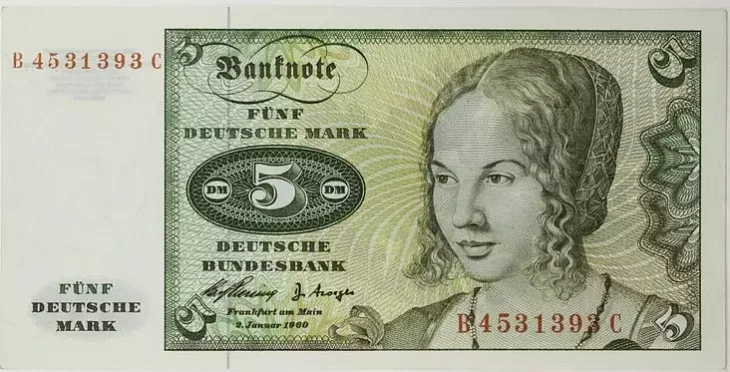 «Partret vieniecyjanki» pracy Albrechta Dziurera na banknocie naminałam 5 niamieckich marak