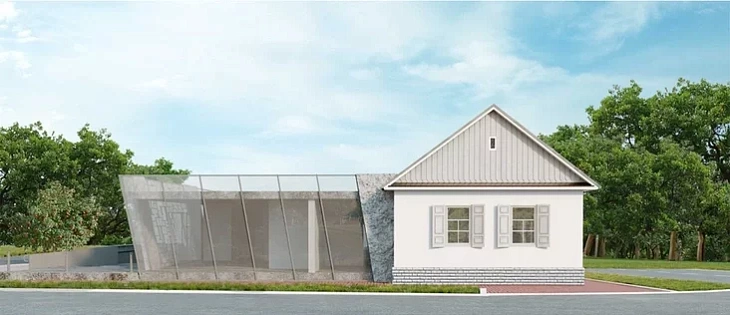 Rendar vyhliadu histaryčnaha fasada i prybudovy pa vulicy Suchoj paslia rekanstrukcyi Rendar vyhliadu histaryčnaha fasada i prybudovy pa vulicy Suchoj paslia rekanstrukcyi