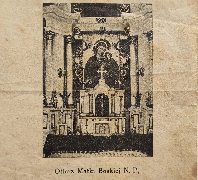 . Папяровы абразок з фотаздымкм алтара з вялікім абразом Маці Божай Нястомнай Дапамогі. Фота з асабістага архіву аўтара